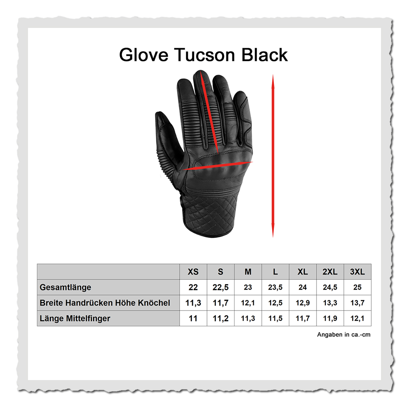 Masstabelle Motorradhandschuh mit Größen-Grafik und freigestelltem Handschuh vor hellem Hintergrund
